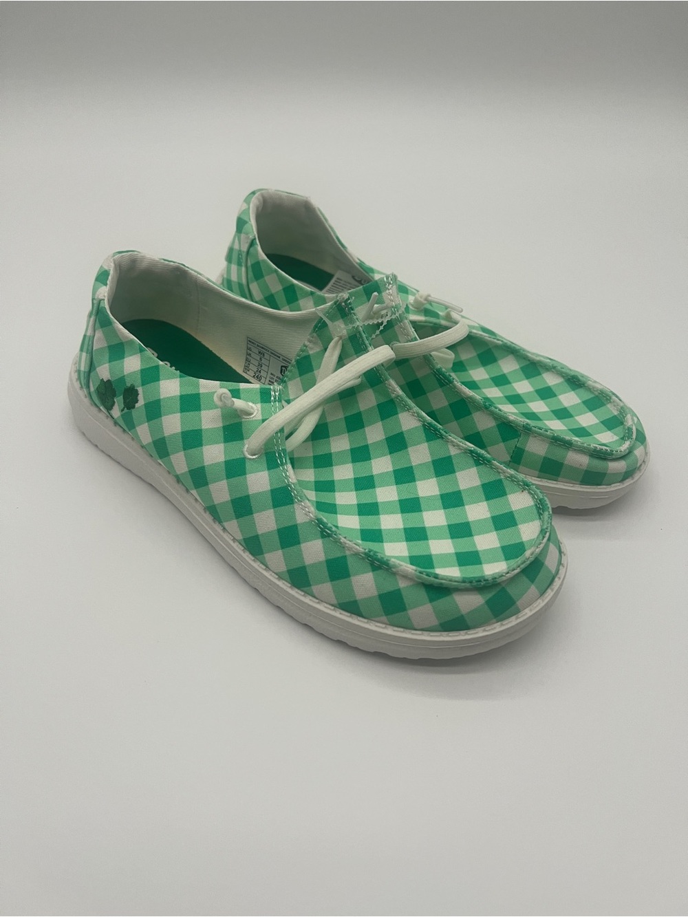 Hey Dude Wendy Shamrock Gingham Green White Slip On Loafers 43946-3ZW Womens 8 - Picture 2 of 7